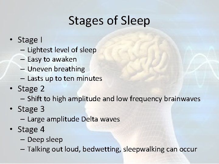 Stages of Sleep • Stage I – Lightest level of sleep – Easy to