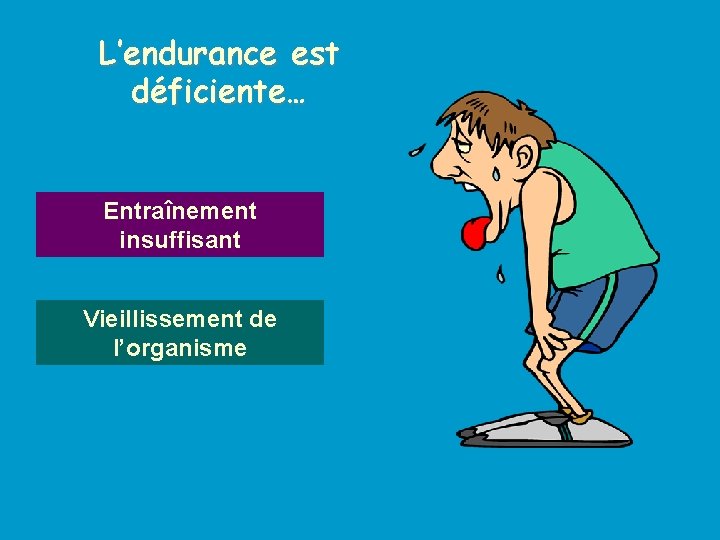 L’endurance est déficiente… Entraînement insuffisant Vieillissement de l’organisme 