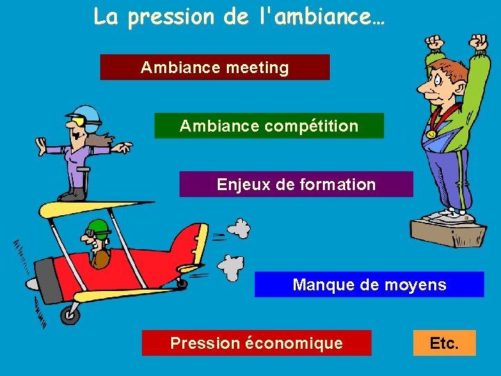 La pression de l'ambiance… Ambiance meeting Ambiance compétition Enjeux de formation Manque de moyens