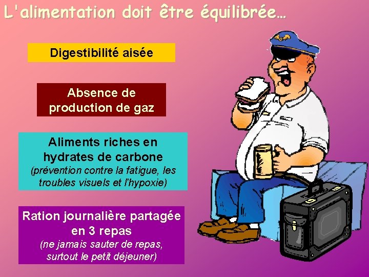 L'alimentation doit être équilibrée… Digestibilité aisée Absence de production de gaz Aliments riches en