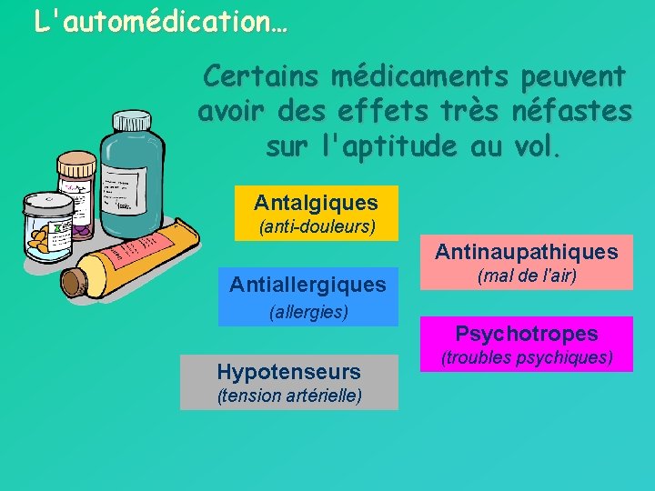 L'automédication… Certains médicaments peuvent avoir des effets très néfastes sur l'aptitude au vol. Antalgiques