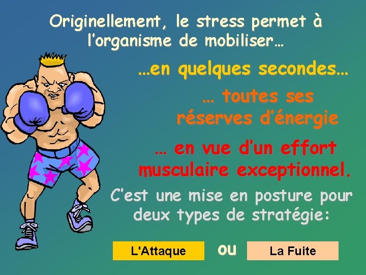 Originellement, le stress permet à l’organisme de mobiliser… …en quelques secondes… … toutes ses