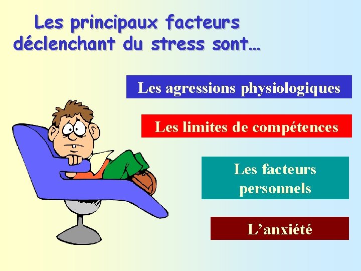 Les principaux facteurs déclenchant du stress sont… Les agressions physiologiques Les limites de compétences