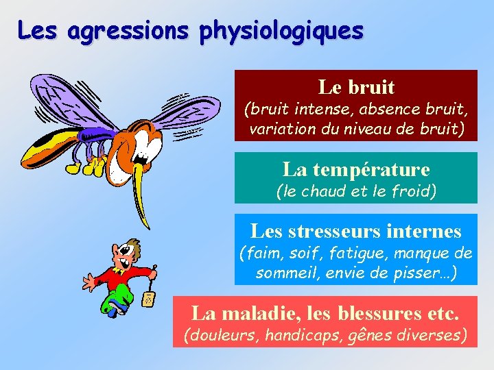 Les agressions physiologiques Le bruit (bruit intense, absence bruit, variation du niveau de bruit)