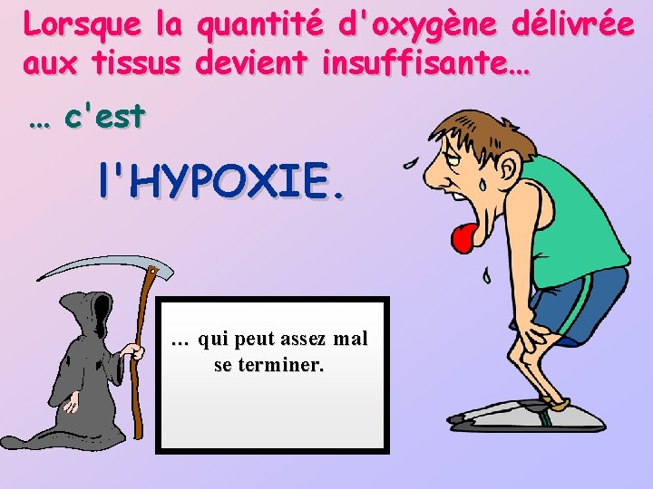 Lorsque la quantité d'oxygène délivrée aux tissus devient insuffisante… … c'est l'HYPOXIE. … qui