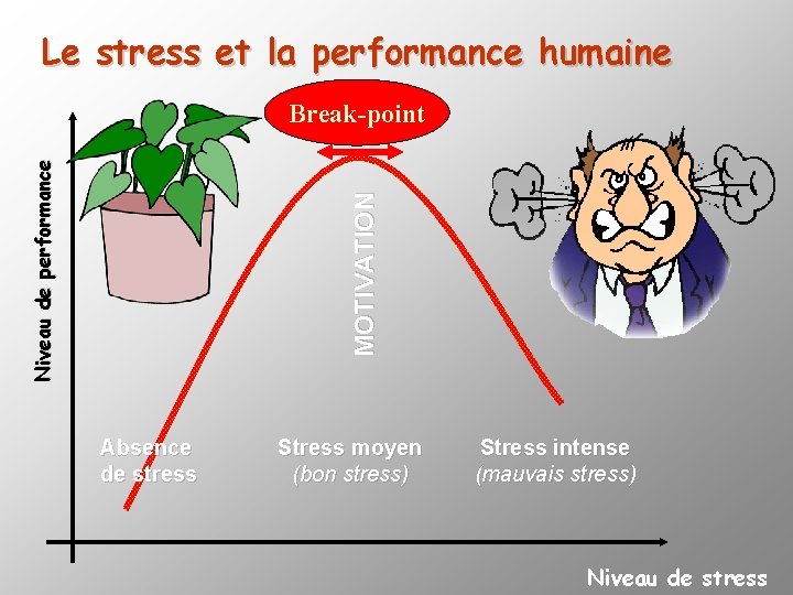 Le stress et la performance humaine MOTIVATION Niveau de performance Break-point Absence de stress