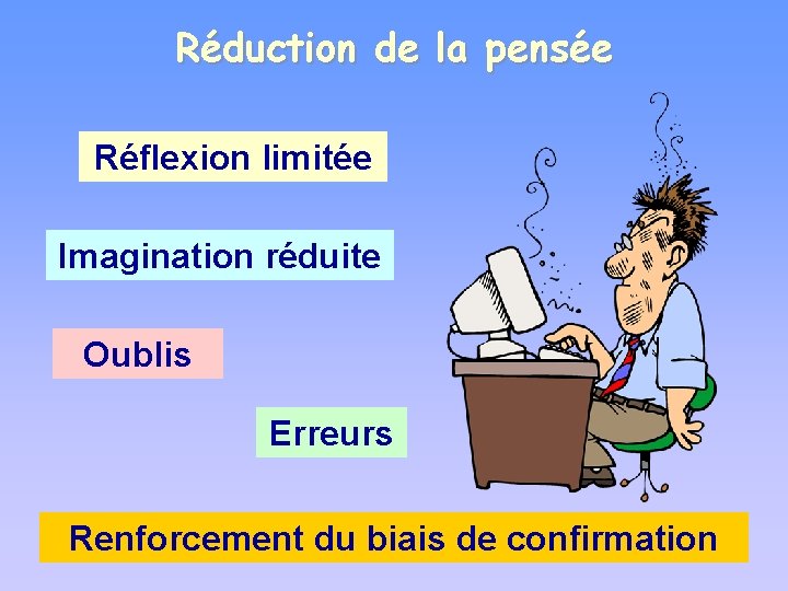 Réduction de la pensée Réflexion limitée Imagination réduite Oublis Erreurs Renforcement du biais de