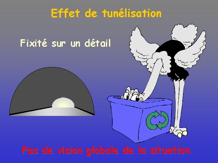 Effet de tunélisation Fixité sur un détail Pas de vision globale de la situation.