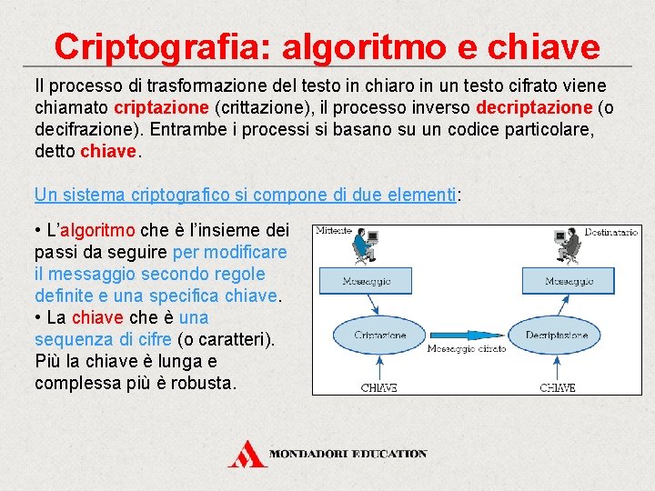 Criptografia: algoritmo e chiave Il processo di trasformazione del testo in chiaro in un