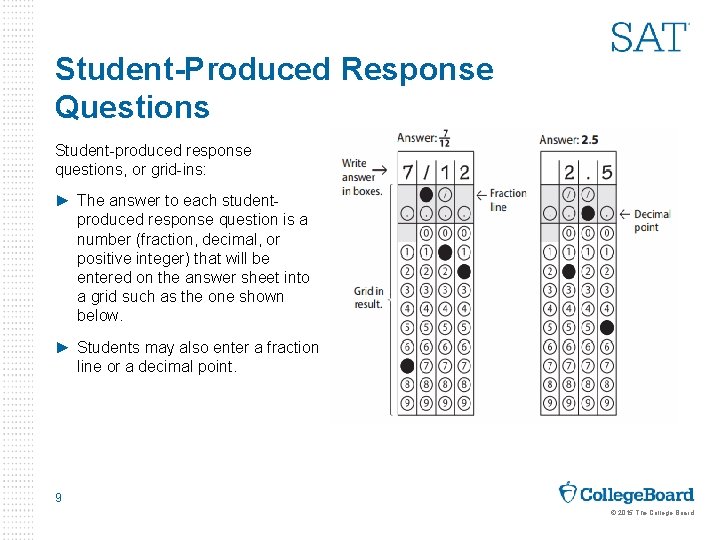 Student-Produced Response Questions Student-produced response questions, or grid-ins: ► The answer to each studentproduced