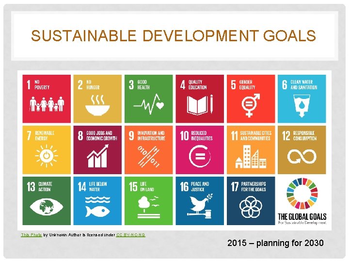 SUSTAINABLE DEVELOPMENT GOALS This Photo by Unknown Author is licensed under CC BY-NC-ND 2015