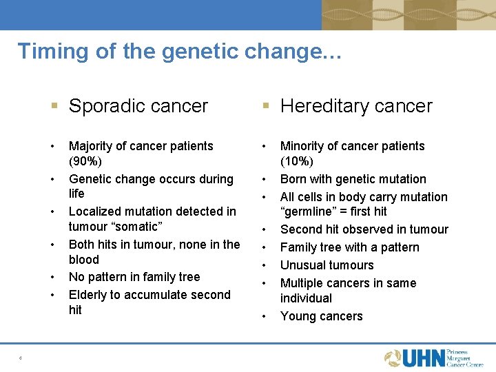 Timing of the genetic change… § Sporadic cancer § Hereditary cancer • • 4 Timing of the genetic change… § Sporadic cancer § Hereditary cancer • • 4