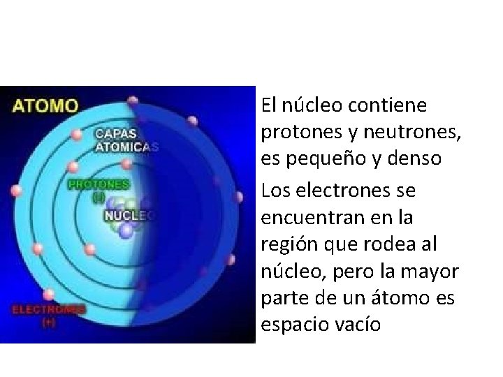El núcleo contiene protones y neutrones, es pequeño y denso Los electrones se encuentran
