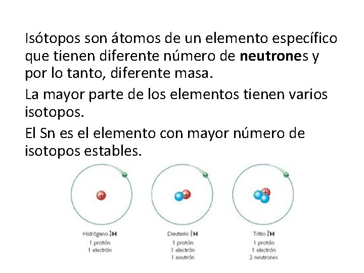 Isótopos son átomos de un elemento específico que tienen diferente número de neutrones y