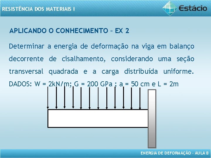 RESISTÊNCIA DOS MATERIAIS I APLICANDO O CONHECIMENTO – EX 2 Determinar a energia de