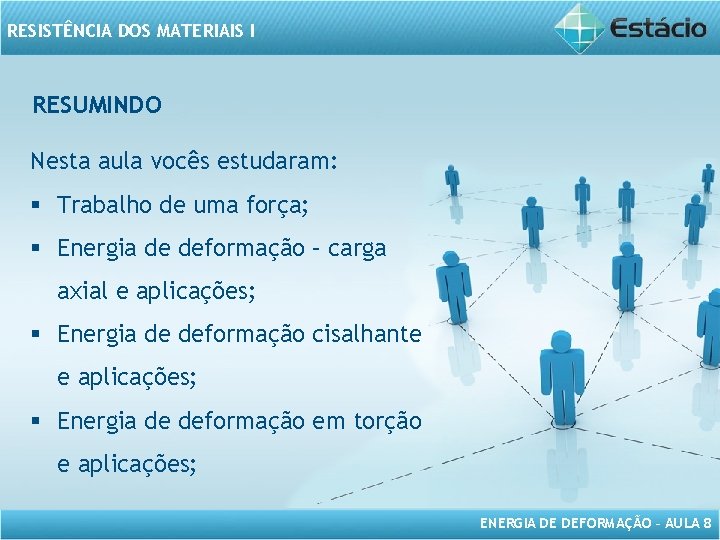 RESISTÊNCIA DOS MATERIAIS I RESUMINDO Nesta aula vocês estudaram: § Trabalho de uma força;