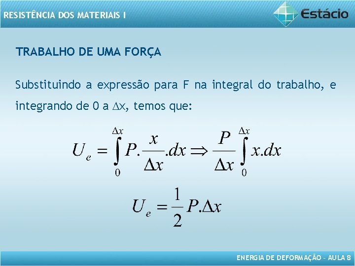 RESISTÊNCIA DOS MATERIAIS I TRABALHO DE UMA FORÇA Substituindo a expressão para F na