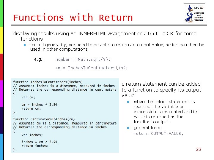 Functions with Return displaying results using an INNERHTML assignment or alert is OK for