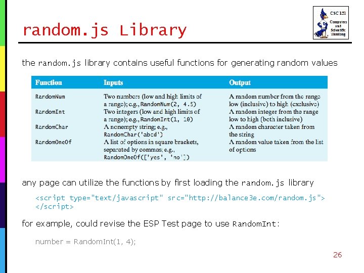 random. js Library the random. js library contains useful functions for generating random values