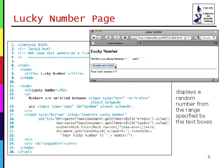 Lucky Number Page displays a random number from the range specified by the text