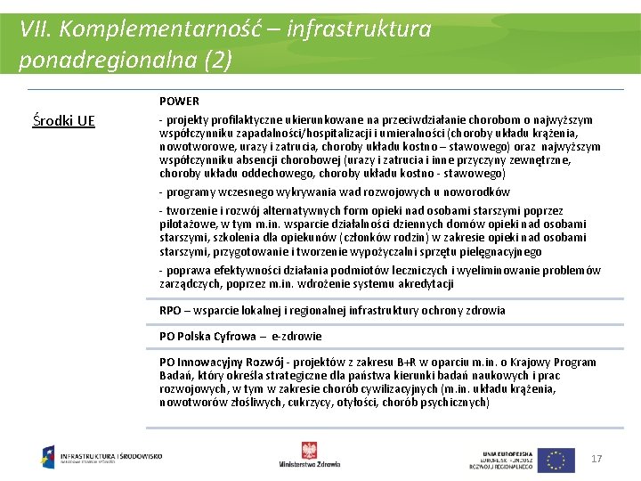 VII. Komplementarność – infrastruktura ponadregionalna (2) POWER Środki UE - projekty profilaktyczne ukierunkowane na