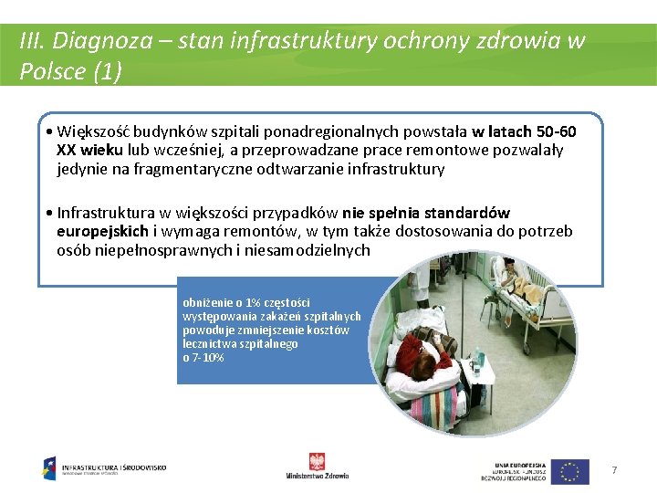 III. Diagnoza – stan infrastruktury ochrony zdrowia w Polsce (1) • Większość budynków szpitali