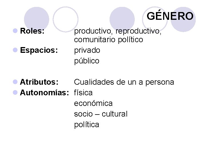 GÉNERO l Roles: l Espacios: productivo, reproductivo, comunitario político privado público l Atributos: Cualidades
