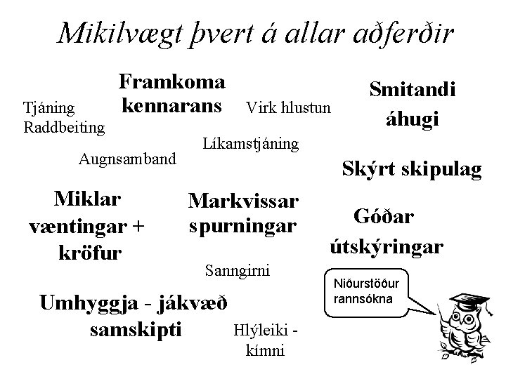 Mikilvægt þvert á allar aðferðir Tjáning Raddbeiting Framkoma kennarans Augnsamband Miklar væntingar + kröfur