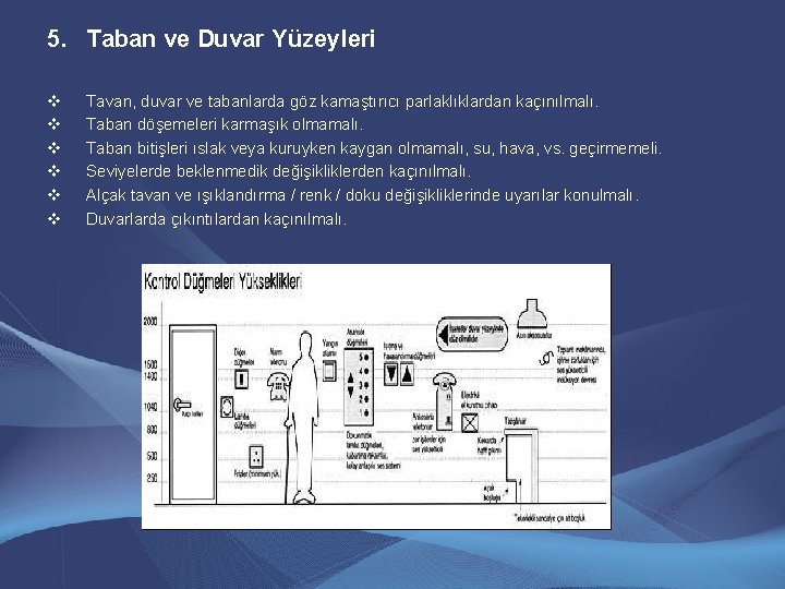 5. Taban ve Duvar Yüzeyleri v v v Tavan, duvar ve tabanlarda göz kamaştırıcı 5. Taban ve Duvar Yüzeyleri v v v Tavan, duvar ve tabanlarda göz kamaştırıcı
