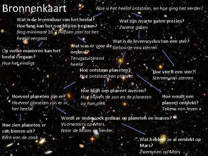 Bronnenkaart Hoe is het heelal ontstaan, en hoe ging het verder? Wat is de Bronnenkaart Hoe is het heelal ontstaan, en hoe ging het verder? Wat is de
