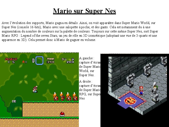 Mario sur Super Nes Avec l’évolution des supports, Mario gagna en détails. Ainsi, on