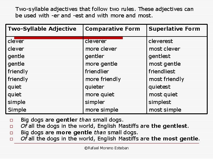 Two-syllable adjectives that follow two rules. These adjectives can be used with -er and