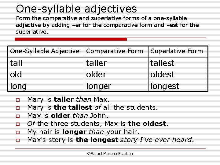 One-syllable adjectives Form the comparative and superlative forms of a one-syllable adjective by adding