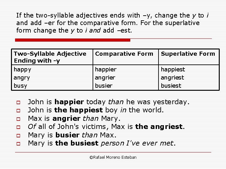 If the two-syllable adjectives ends with –y, change the y to i and add