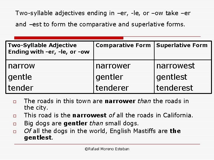 Two-syllable adjectives ending in –er, -le, or –ow take –er and –est to form