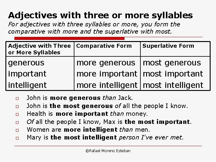 Adjectives with three or more syllables For adjectives with three syllables or more, you