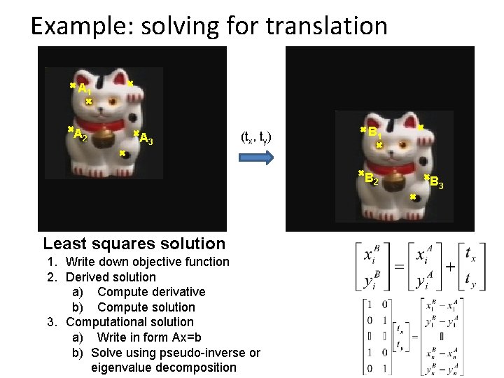 Example: solving for translation A 1 A 2 A 3 (tx, ty) B 1