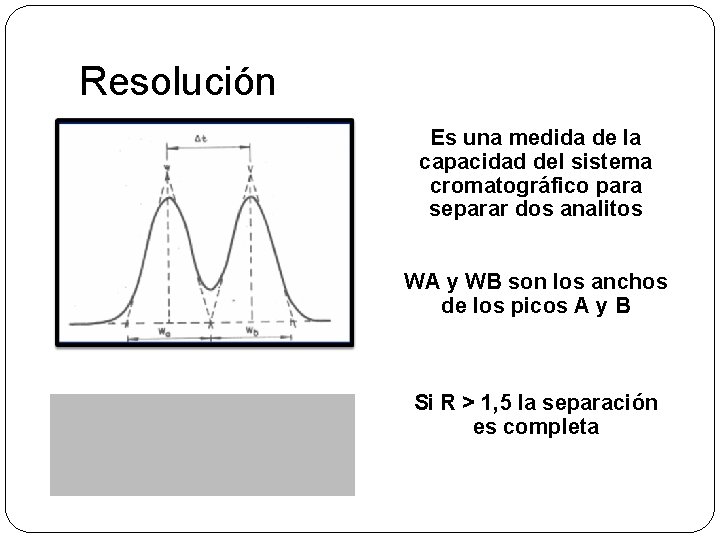 Resolución Es una medida de la capacidad del sistema cromatográfico para separar dos analitos