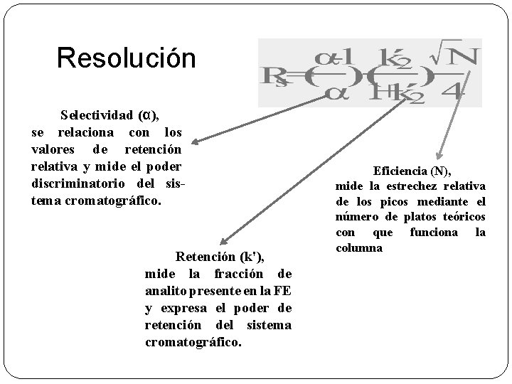 Resolución Selectividad (α), se relaciona con los valores de retención relativa y mide el