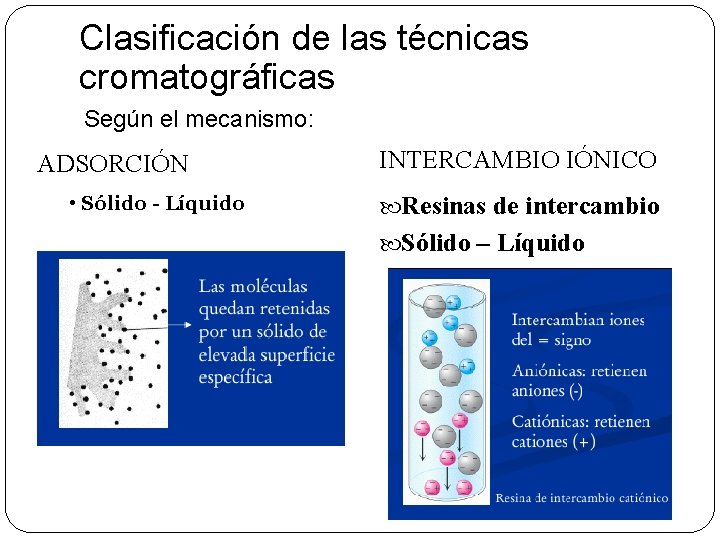 Clasificación de las técnicas cromatográficas Según el mecanismo: ADSORCIÓN • Sólido - Líquido INTERCAMBIO