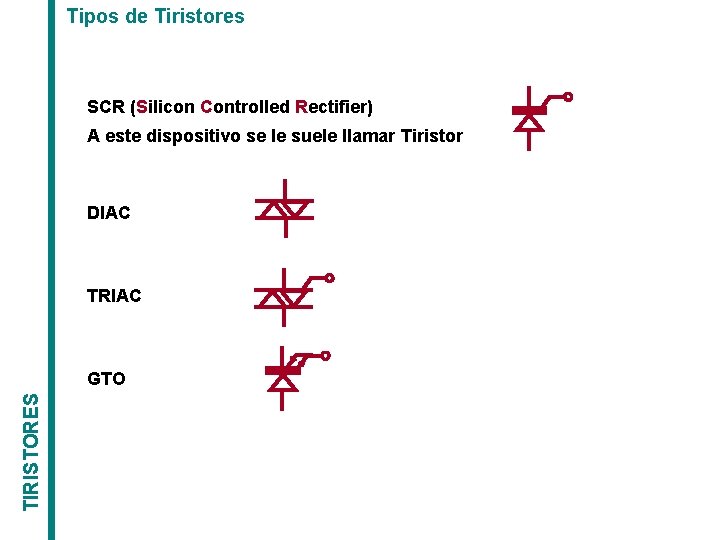 Tipos de Tiristores SCR (Silicon Controlled Rectifier) A este dispositivo se le suele llamar