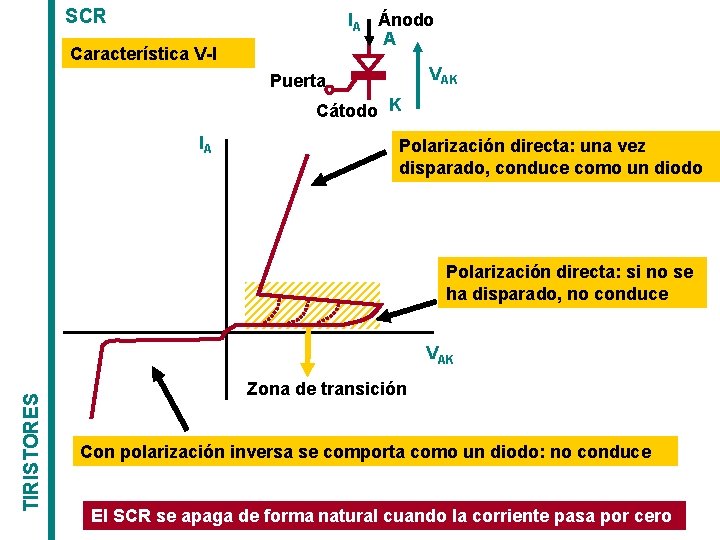 SCR IA Ánodo A Característica V-I VAK Puerta Cátodo K IA Polarización directa: una