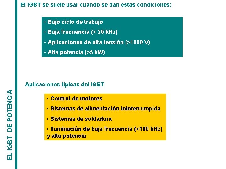 El IGBT se suele usar cuando se dan estas condiciones: • Bajo ciclo de