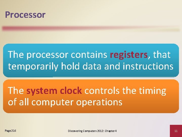 Processor The processor contains registers, that temporarily hold data and instructions The system clock