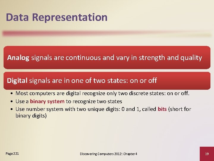 Data Representation Analog signals are continuous and vary in strength and quality Digital signals