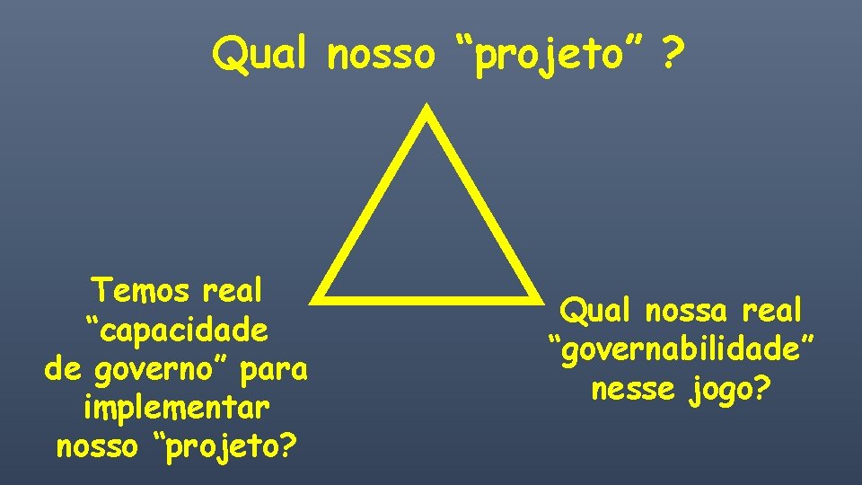 Qual nosso “projeto” ? Temos real “capacidade de governo” para implementar nosso “projeto? Qual