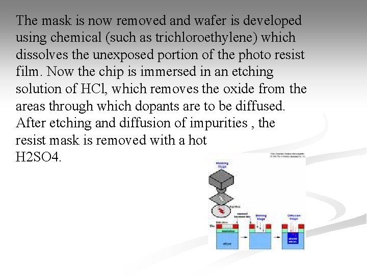 The mask is now removed and wafer is developed using chemical (such as trichloroethylene)