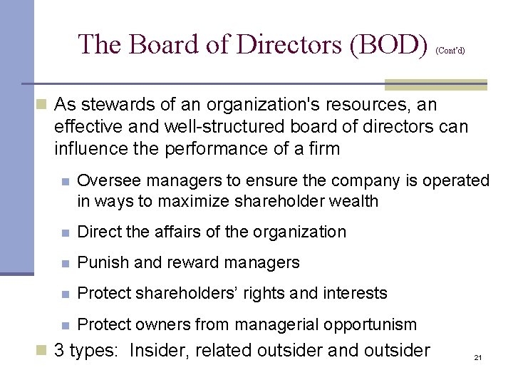 The Board of Directors (BOD) (Cont’d) n As stewards of an organization's resources, an The Board of Directors (BOD) (Cont’d) n As stewards of an organization's resources, an
