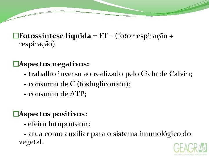 �Fotossíntese líquida = FT – (fotorrespiração + respiração) �Aspectos negativos: - trabalho inverso ao �Fotossíntese líquida = FT – (fotorrespiração + respiração) �Aspectos negativos: - trabalho inverso ao