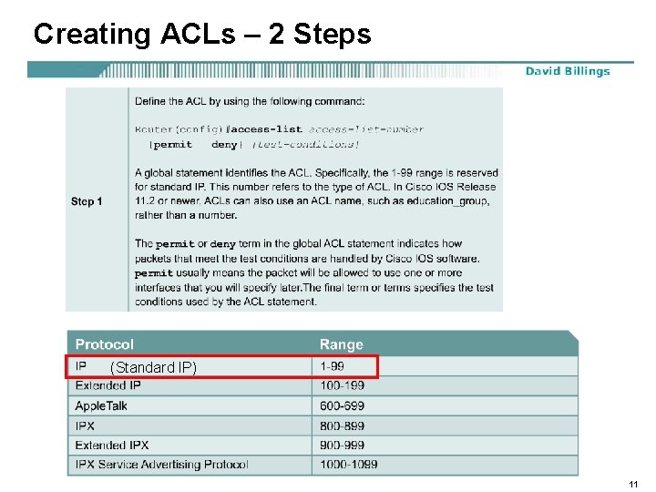 Creating ACLs – 2 Steps (Standard IP) 11 